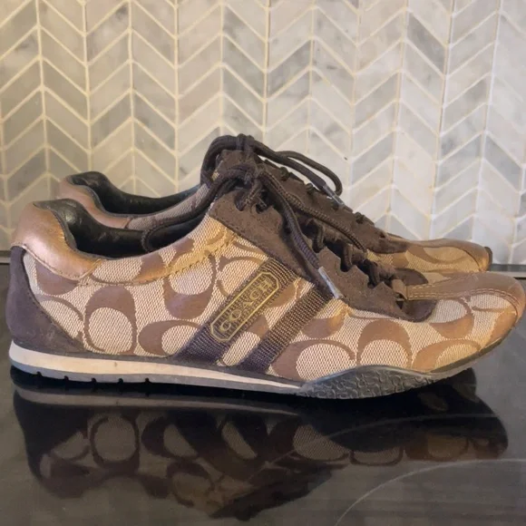 Coach leatherware sneakers leather suede brown tan gold logo - Picture 4 of 16